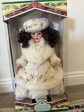 Melissa White Victorian Doll with Brown Curly Hair